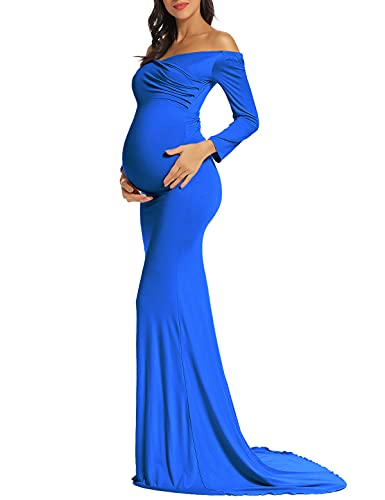 Image of BANETTETA Off Shoulder Maternity Gown for Photoshoot, Long Sleeve Maternity Maxi Dress, Baby Shower Dress for Women