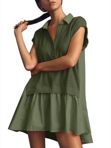 Fisoew Womens Summer Sweatshirt Dresses Short Sleeve V Neck Casual Oversized Patchwork Mini Dress