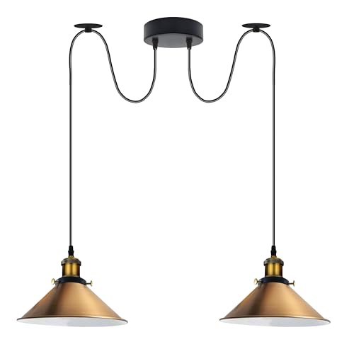 Lampada a sospensione industriale doppia, regolabile, a 2 teste, con cavo da 200 cm, attacchi E27, paralumi in metallo per cucina, sala da pranzo, soggiorno, bar, caffetteria (ottone giallo - 2)