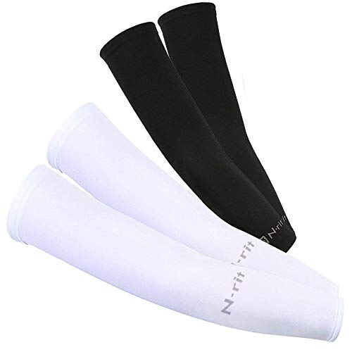 Cooling Compression Sports Arm Sleeve [2 PK] [White & Black] w/ 99% UV Protection for Outdoor Activities (Golf, Training, Cycling, etc)