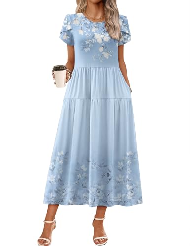 Image of Zeagoo Summer Dresses for Women 2026 Maxi Bohemian Floral Short Sleeve Long Dress Casual Flowy Tired Beach Sundress