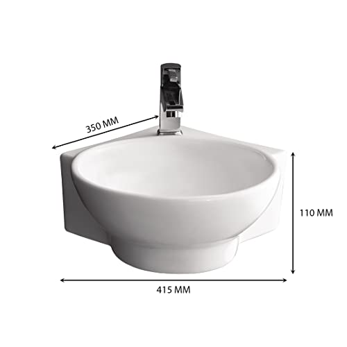 Image of Ceramic Wash Basin | 16.3 x 13.8 x 4.3 inch | Wall Hung Basin | Wall Mounted Corner | White |
