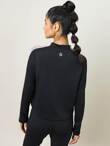 Image of TECHNOSPORT Womens Polyester Crew Neck Slim Fit Color Blocked Crop Sweatshirt Quick Dry & Antimicrobial