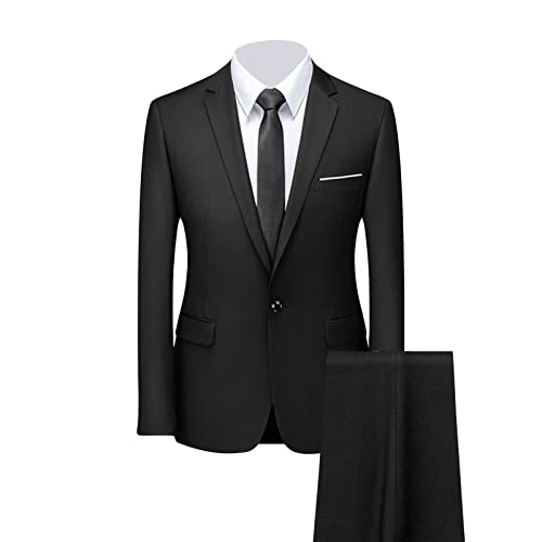 Men 2 Pieces Slim Fit Suit Classic Lapel One Button Solid Color Blazer Sets Casual Party Wedding Jacket Pants Set (Black 1,XX-Large)
