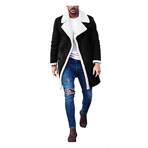 Mens Cardigans, Mens Fashion Sherpa Fleece Lined Suede Jackets Heavyweight Faux Fur Collar Long Trench Coats Big and Tall Warm Outwears Coats