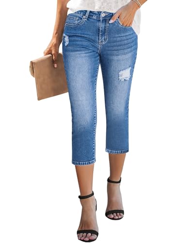 GRAPENT Women's High Waisted Skinny Jeans - Summer Capri Pants, Medium Blue, Size 8/10