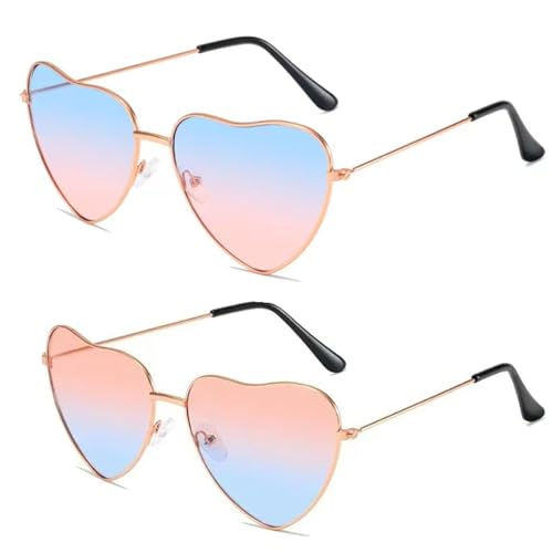 JJiaoLinin Óculos de sol para mulher, 2 pares óculos de sol hippie, óculos de sol hippie em forma de coração, para hippie acessório de disfarces, rosa, azul claro