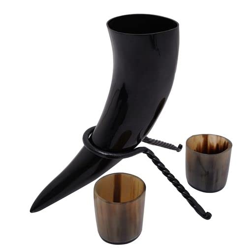 Mythrojan Corne à boire authentique d'inspiration médiévale Viking Wine/Hydromel 500 ml Bundle avec porte-corne de bière forgé à la main et verre à shot en corne de viking, paire de verres à shot