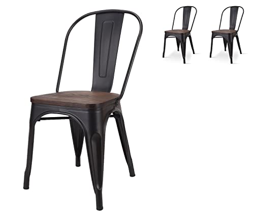 Kosmi - Lot de 2 chaises Style Industriel en métal Noir Mat et Assise en Bois Foncé