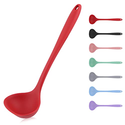 Red Silicone Soup Spoon, Non-stick Gravy Ladle with Non-slip Handle