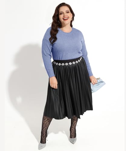 CARCOS Plus Size Sweaters for Women Solid Crew Neck Knit Tops Casual Long Sleeve Pullover Sweater Sparkly Tunic Shirts3