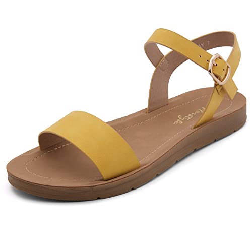 Image of Herstyle Flat Sandals for Women - Open Toe 1 Band Ankle Strap Summer Dressy Sandals, Lightweight Casual Strappy Slip-On Flats with Adjustable Buckle