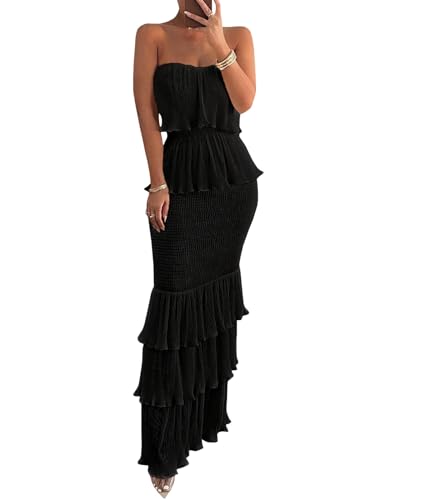 Image of SEMATOMALA Women's Boho Tube Top Tiered Ruffle Slim Fitted Maxi Dress Smocked Vacation Holiday Long Dress