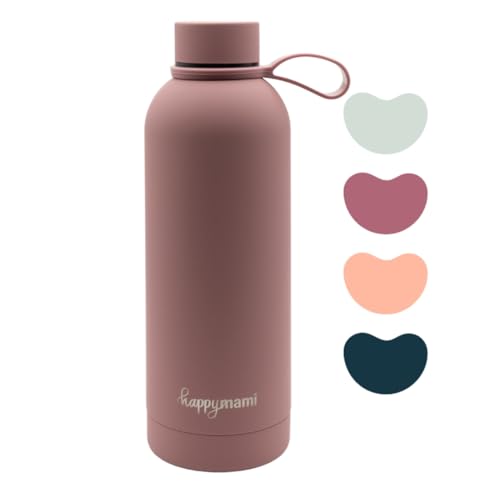 HappyMami, Termo Liquidos Bebe 500ml,Botella Acero Inoxidable, Cierre Hermético con Rosca, Incluye Asa para Transporte, Doble Pared Interna para Mantener Temperatura (Rosa Vintage)