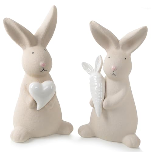 Logbuch-Verlag 2 grandes conejos de Pascua color crema blanco figuras de porcelana decoración de Pascua 21 cm