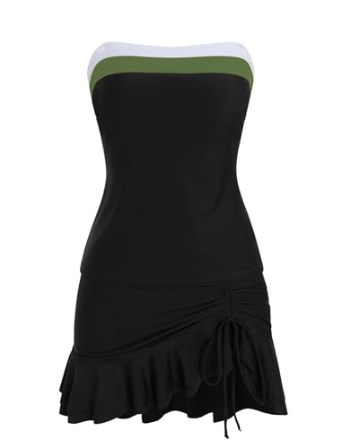 Image of ZAFUL Colorblock Bandeau Tankini Swimsuits for Women 2 Piece Tummy Control Bathing Suit Drawstring Ruffle Swim Skort