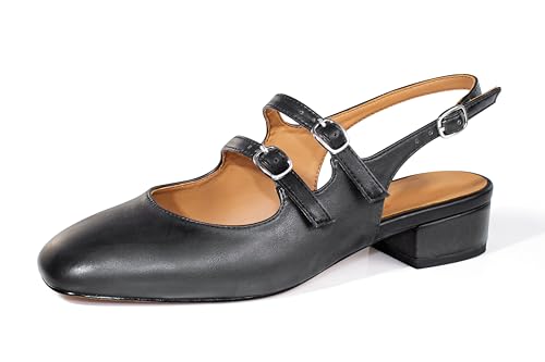 Image of anteikira Women's Round Toe Slingback Flats Closed Toe Double Strap Mary Jane Flats for Women 1 Inch Heel Dress Shoes Low Heel Causal Work Office Pumps for Women Size 5.5-12US