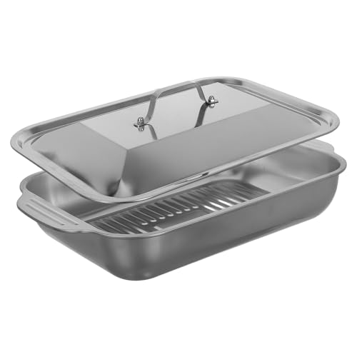 Hohopeti Stainless Steel Fish Roasting Pan Rectangular Deep Baking Tray with Lid for Home Cooking Grilling Steaming Non-Stick Surface Easy Clean Oven Safe