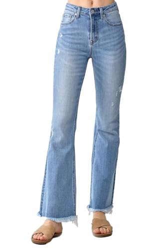 Risen Jeans - High Rise Vintage Frayed Hem Flare - RDP1277 Lightblue