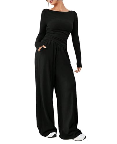 crazy bean Conjunto Deportivo Mujer Invierno Chándales Chandal Mujer Completo Casual Completo Manga Larga 2 Piezas Suave Top Manga Larga Pantalón Pata Ancha para Fitness Jogging Negro S