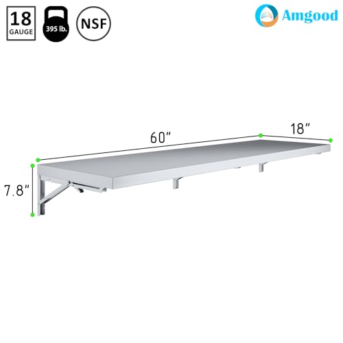 Image of AmGood Stainless Steel Folding Wall Shelf 18 in. x 60 in. | NSF | Concession Stand, Food Truck, Kitchen, Restaurant, Garage, Laundry, Utility Room