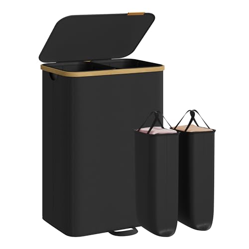 SONGMICS Panier à Linge avec Couvercle, Corbeille pour Linge Sale, Sacs Amovibles, Cadre en Bambou, pour Buanderie, Chambre, 2 Compartiments, 150 Litres, Noir d'Encre...