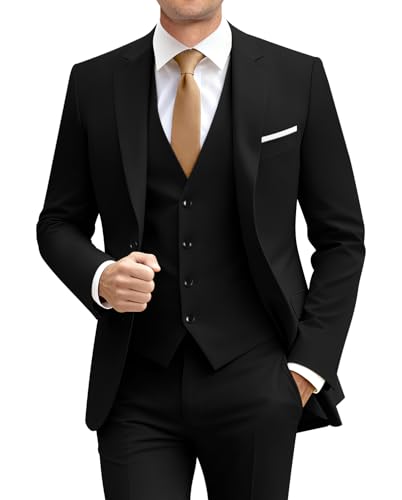 Image of Mens Suit Solid Two Button Slim Fit Suit Set for Wedding Formal Business Suit Men 3 Piece Suit Blazer Vest Pants Set