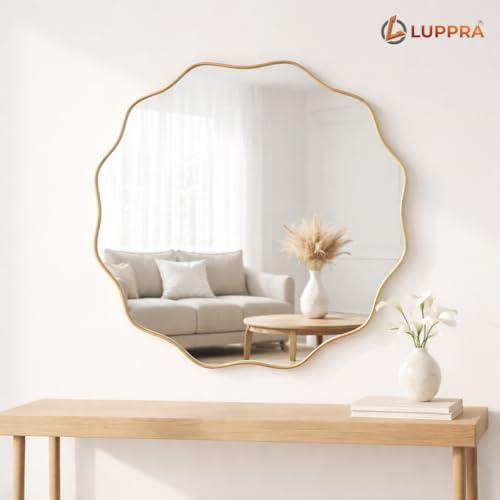 Image of 18x18 Inch Gold Scalloped Wavy Round Mirror - Tempered Glass with Textured Deep Plastic Frame, Modern Decorative Wall Mirror for Bathroom, Living Room, Entryway & Hallway Decor