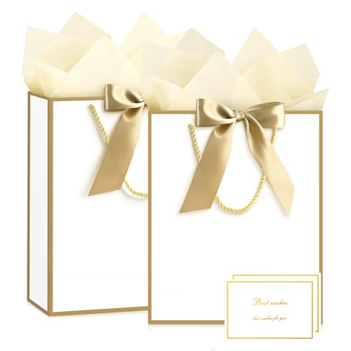 Image of JMANNI Gift Bags with Handles, 11.4 inch Small Mothers Day Gift Bag for Presents, 2 Pcs Bags with 4 Tissue Paper and 2 Cards for Baby Shower Wedding Bridal Shower Mother's Day Birthday Party (white-gold)