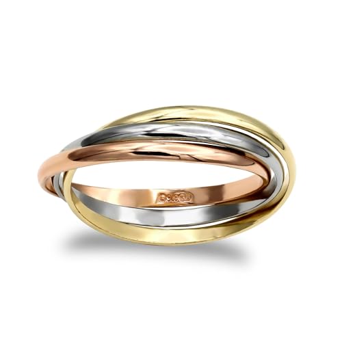 Jewelco London Fede nuziale russa da donna in oro giallo bianco e rosa massiccio 9 kt, intrecciata, 2 mm, 8 3/8, Oro rosa Oro