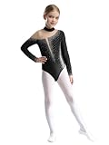 Oyolan Maillot Brillant De Gimnasia Ritmica Niña Leotardo Manga Larga Mono De Baile Elástico Disfraz Bailarina De Fiesta Actuación Negro 13-14 años