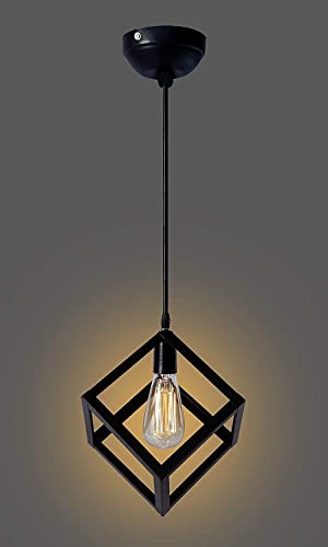 Image of JACKAL Metal Cube Shape Pendant Light Without Bulb - Pack of 1|Hanging Ceiling Light with Braided Cord|Decorative Chandelier for Home, Living Room, Indoor, Outdoor&Bar|Jhumar Lighting (Black)