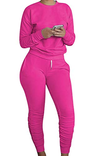 Pink Two Piece Sweatsuit Tracksuit Set for Women Fall Winter Pants Sets Long Sleeve Ruched Pullover Top Drawstring Sweatpants Sport Jogger Outfits Sets Rose 2020 L