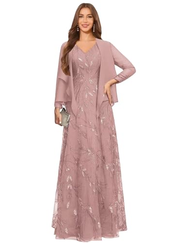 Sequin Lace Mother of the Bride Dresses Plus Size with Jacket Long Formal Dresses for Women Wedding Guest Size20W Dusty Rose