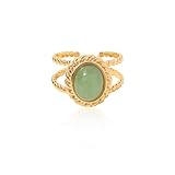 Dikixe 18K Gold Plated Stainless Steel Jade Ring for Women, Openwork Stackable Natural Stone Statement Rings, Fashion Accessories Gifts for Women
