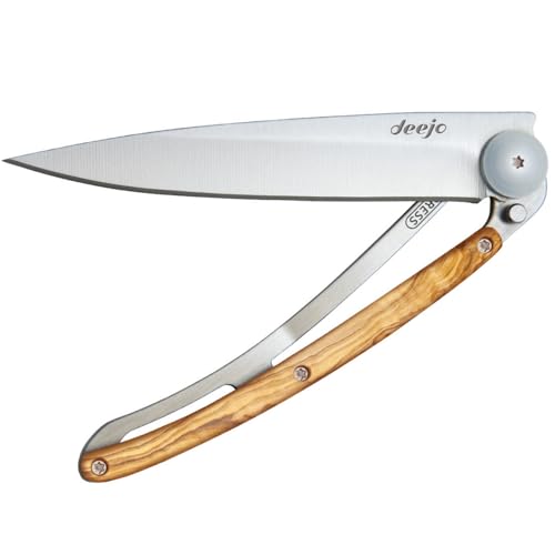 deejo - 27G Folding Pocket Knife with Belt Clip - Naked Grey Titanium Finish, 2.95-Inch Stainless Steel Blade, Olive Wood Handle - Lightweight Everyday Carry for Home, Work, and Outdoor Use