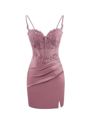 Lace Applique Homecoming Dresses for Teens Sweetheart Satin Mini Prom Cocktail Party Gowns with Slit