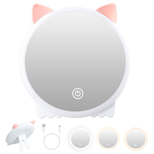 Litinliv Recargable Espejo de Maquillaje con Luz LED, 1x Espejo de Mesa Maquillaje con 3 Modo Luz, Espejo de Mesa Plegable, Espejo Cosmético de Mesa con Pantalla Táctil Ajustable para Baño Tocador (A)