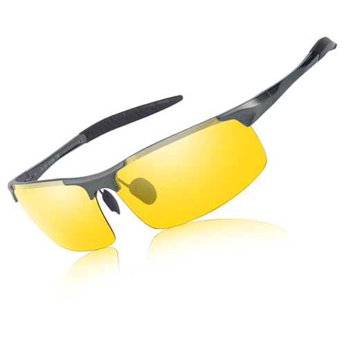LVIOE Night Vision Glasses for Driving Men Al-Mg Sports Glasses Yellow Anti Glare Polarized Metal Wraparound Frame N8177