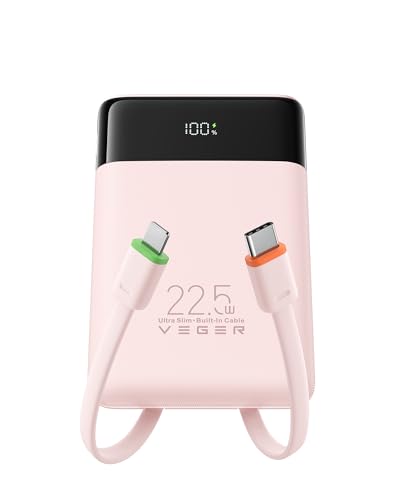 VEGER Portable Charger with Built-in Cables 10000mAh USB C Power Bank Fast Charging External Battery Pack Slim Travel Essentials Compatible with iPhone iPad Android Phone Heated Vest and More