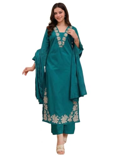 Image of ANNI Designer Pure Cotton Embroidered Kurta Set for Women | Rust Orange Kurta with Pants & Dupatta | Floral Neck & Hem Embroidery | Cotton Kurta Set for Women | 10 Colour Options Available
