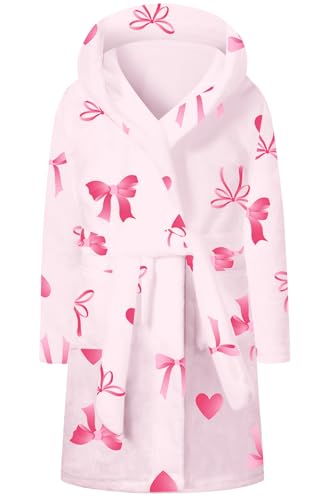 Image of Umeyda Girls Robe, Warm Fleece Hooded Plush Fuzzy Bathrobrs Soft Cute Absorbent Spa Robes for Kids, Bow Pink, 4T = Tag 120