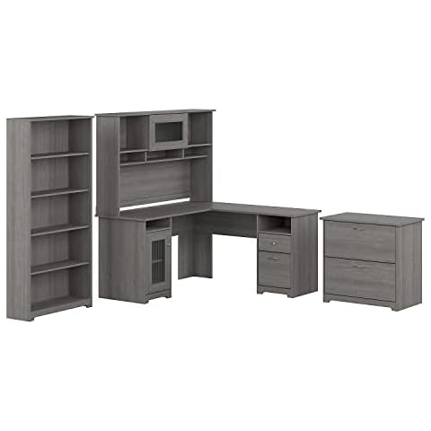 Bush Furniture Cabot 60W L Desk with Hutch, Lateral File and 5 Shelf Bookcase, Modern Gray Cover