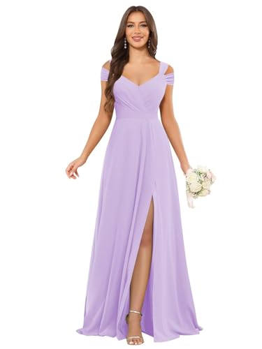 Image of petyoo Off Shoulder Chiffon Bridesmaid Dresses with Slit Long Formal Evening Dress