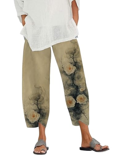 Women's Wide Leg Pants Boho Floral Print Trousers Fashion Graphic High Waist Elastic Cropped Capri Pants with Packets