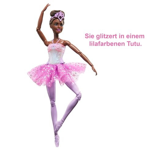 Image of Barbie Dreamtopia Twinkle Lights Ballerina Doll with Brunette Hair & Light-Up Feature Wearing Removable Headband & Purple Tutu