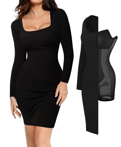 Image of Popilush Long Sleeve Midi Dresses for Women, Built-in Bra Shapewear Dress | Bodycon, Tummy Control, Square Neck, Cocktail Party and Dinners