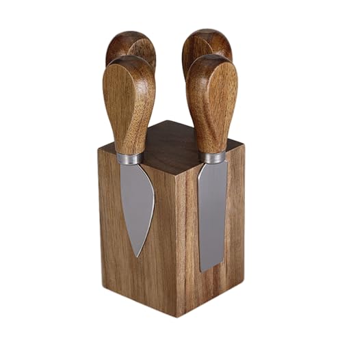 Mafagwre Käsemesser-Set Mit Holzblock, 5-teiliges Edelstahl Käsezubehör, Käsemesser-Block, Magnetischer Holzblock, Servieren Verschiedener Käsesorten, Käsebesteckteile Als Geschenkartikel (Silber)