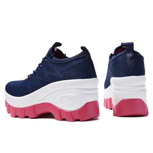 Image of Women's Chunky Platform Comfort Orthopedic Wedge Walking Shoes Fashion Knitted Breathable Lace Up Lug Sole Casual Non-Slip Running Shoes with Arch Support