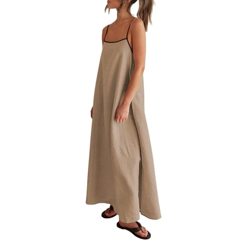 Image of Senllen Women's Linen Dress Summer Loose Flowy Sundress Contrast Spaghetti Strap Sleeveless Backless Beach Maxi Long Dresses